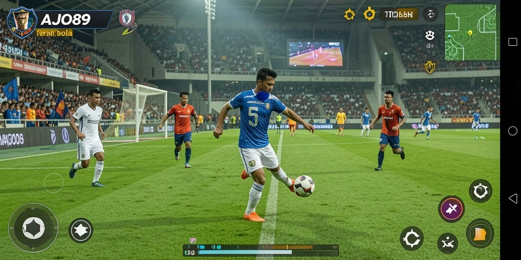 Tampilan gameplay AJO89 dengan aksi sepak bola yang intens.