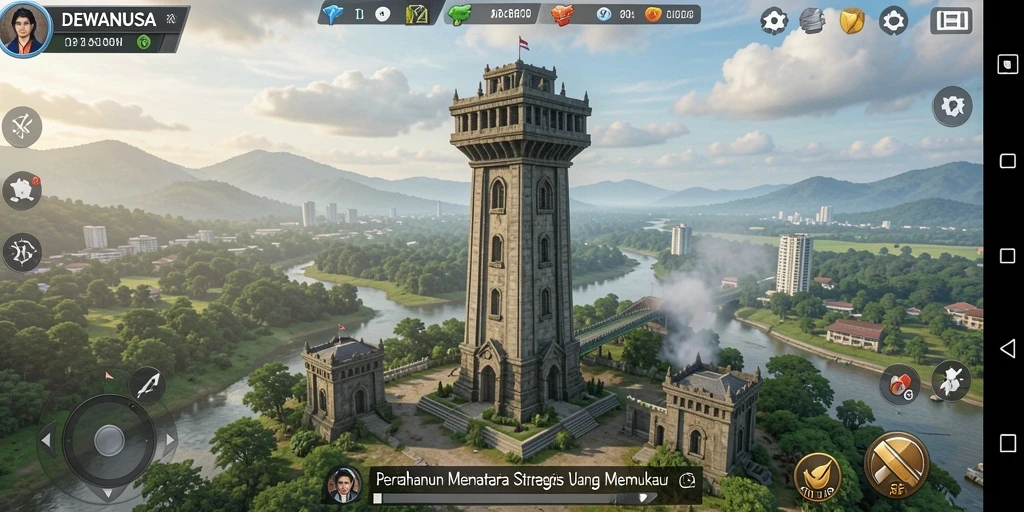 Tangkapan layar gameplay DEWANUSA menampilkan pertempuran menara yang seru.