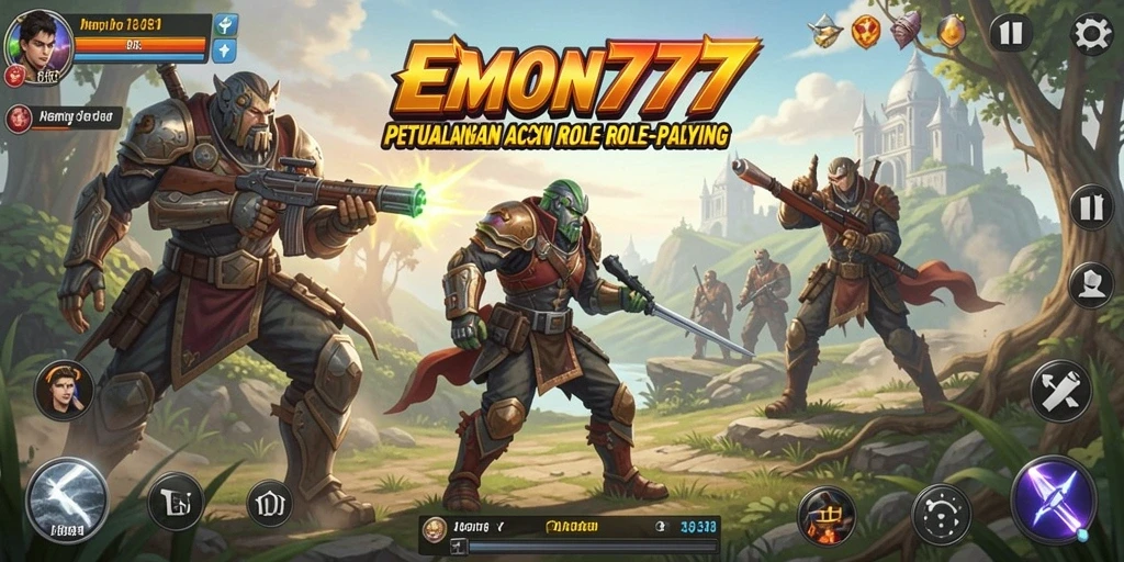 Tampilan seru dari pertempuran dalam EMON777 di dunia fantastis.