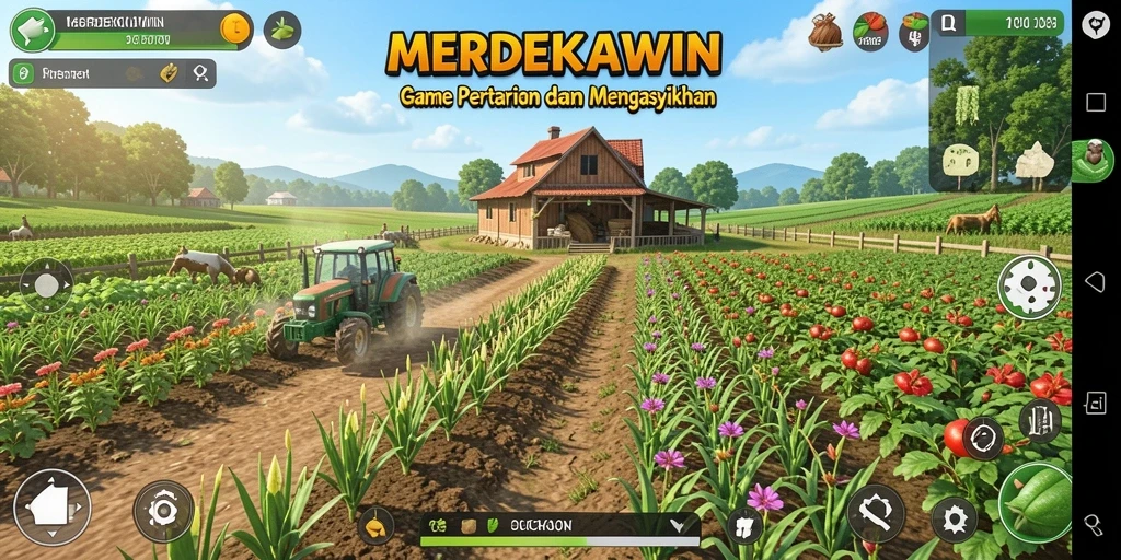 Tangkapan layar utama MERDEKAWIN menunjukkan gameplay pertanian yang menarik.