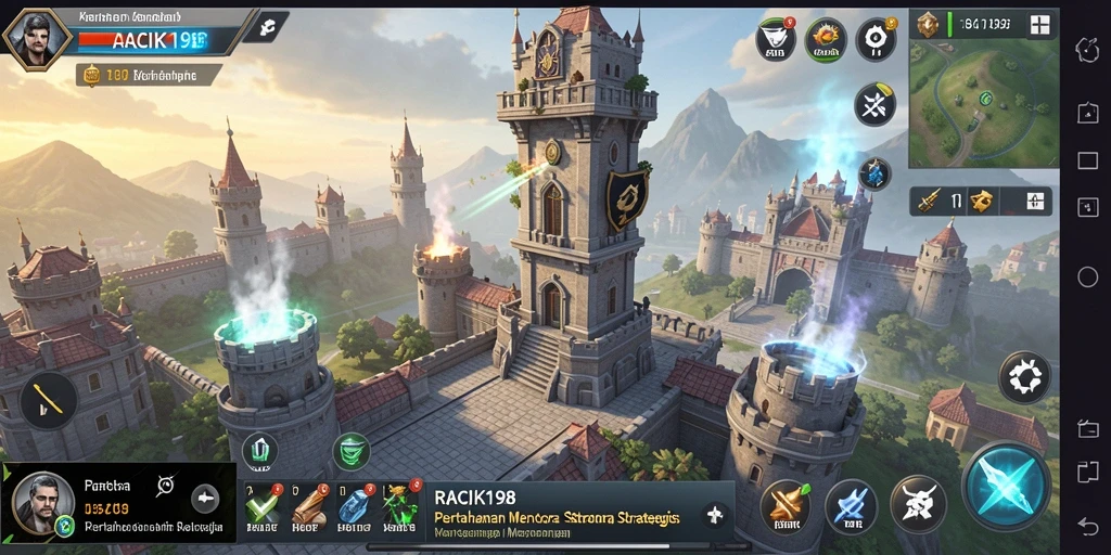 Tampilan gameplay <strong>RACIK198</strong> dengan menara dan serangan musuh yang mendebarkan.